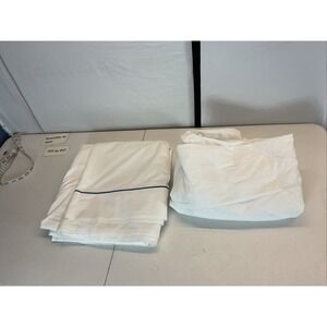 NEW open FRETTE 2 PC QUEEN Flat Sheet / Fitted sheet White‎ Blue piping Italy